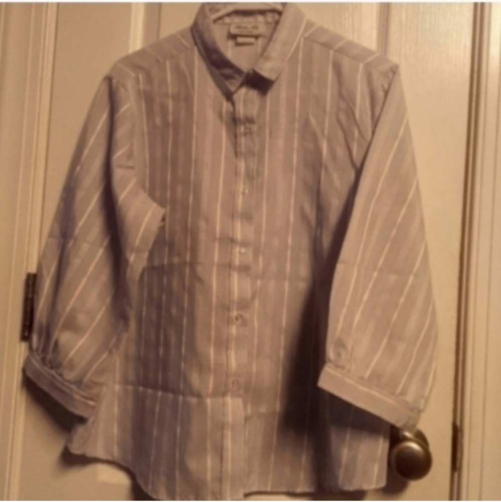 Women's 16 Striped Button-Up Shirt Baby Blue Tan Pics Don't Show True Color